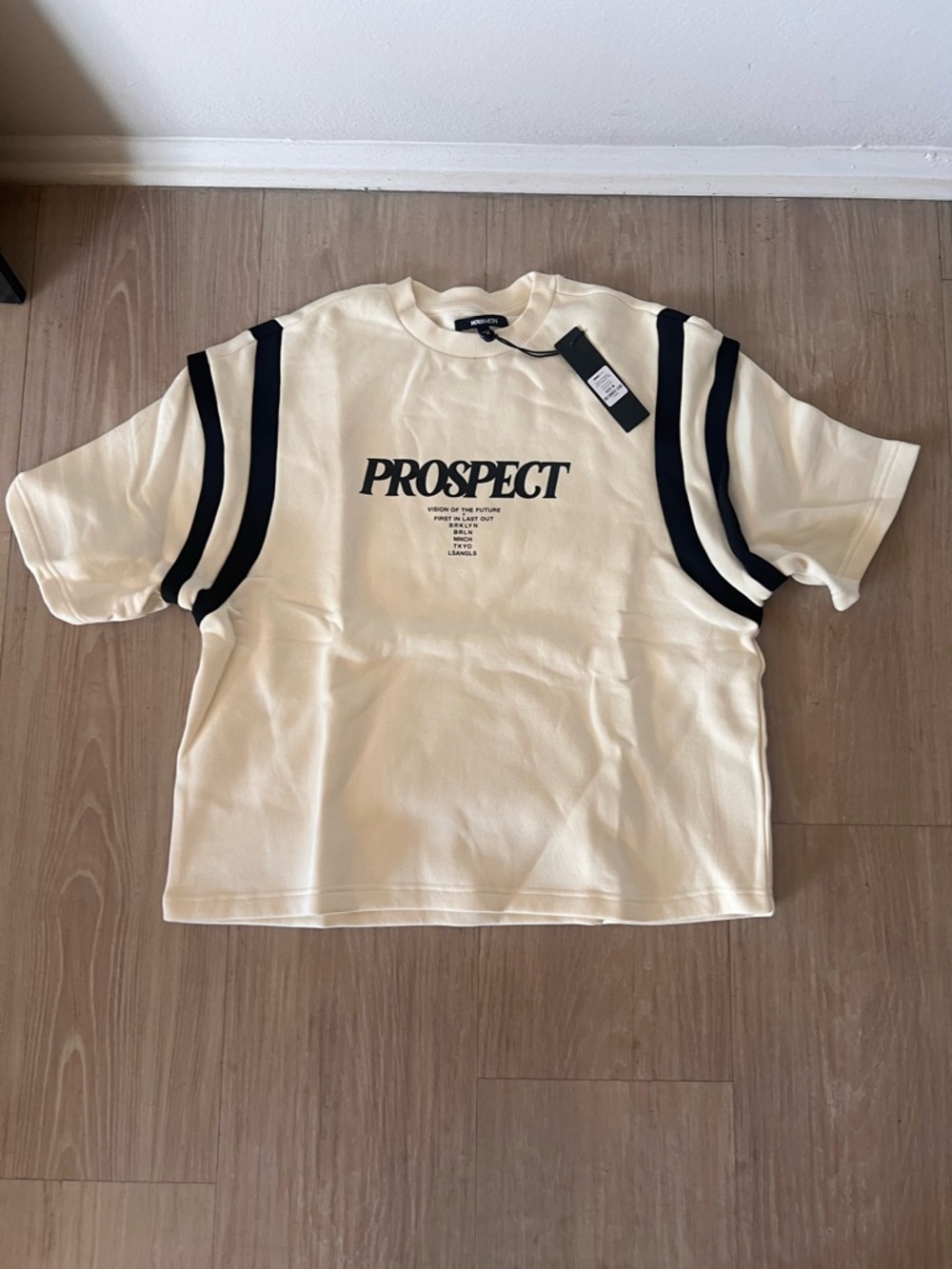 Fashion Nova Cream Graphic Tee with Black Stripes